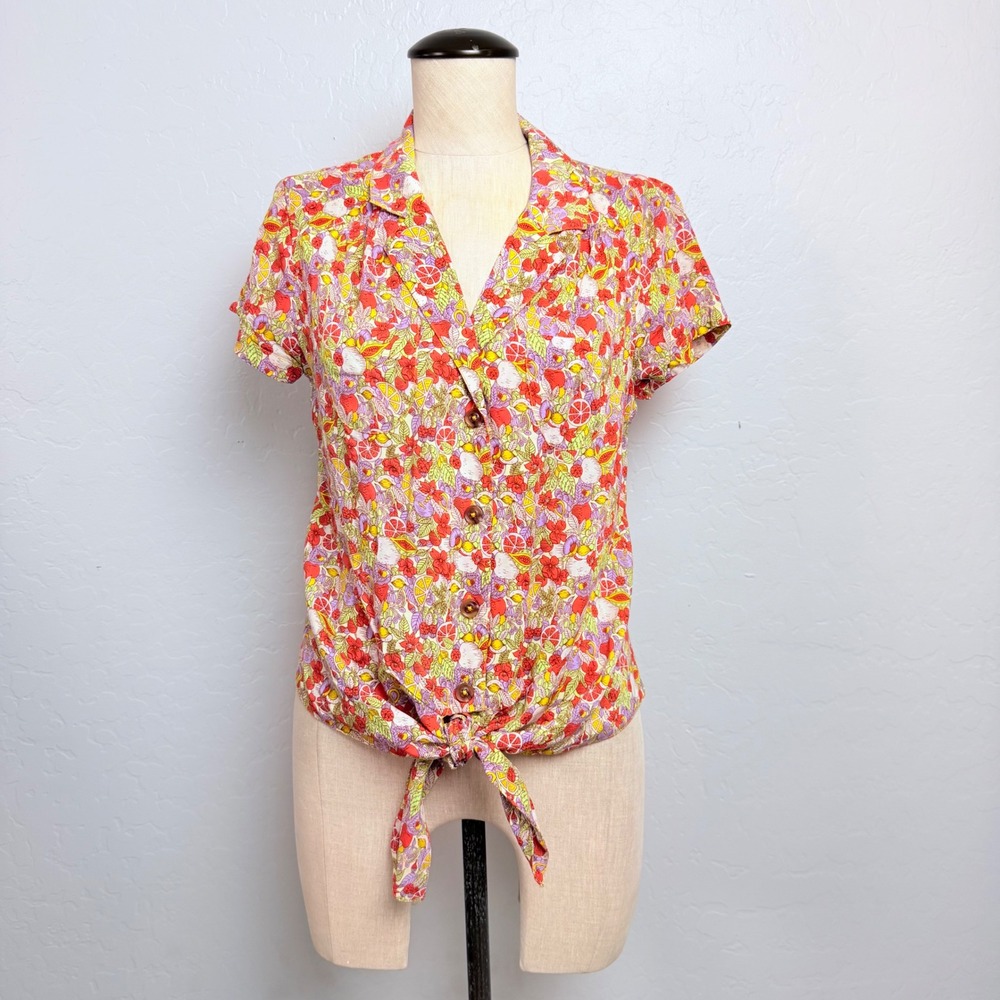 Maeve Anthropologie Fruit Floral Tie Front Button Down Shirt Red Yellow Size 2